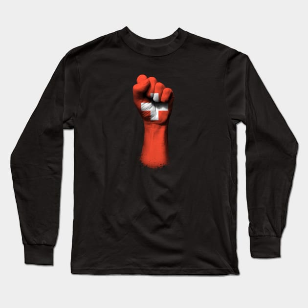 Flag of Switzerland on a Raised Clenched Fist Long Sleeve T-Shirt by jeffbartels